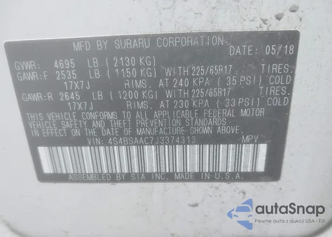2018 Subaru Outback 2.5I from USA, damaged, VIN 4S4BSAAC7J3374313